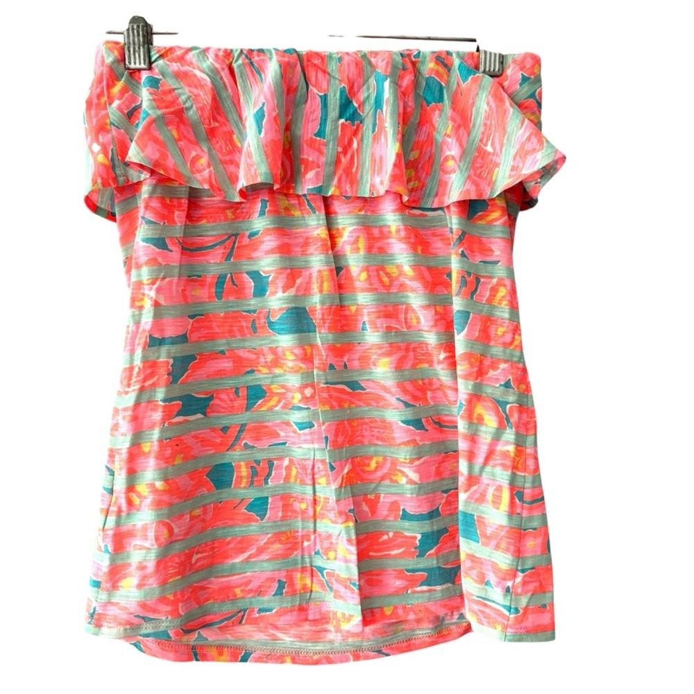 NWOT Lilly Pulitzer Top Wakely Ruffle Pink and Green Strapless Top SZ S